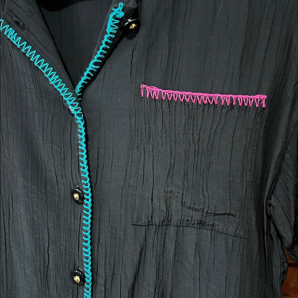 Vintage Adolfo blouse, button up small shirt with pink, purple, and teal accents - Picture 3 of 4